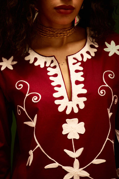Burgundy Wine Cotton Maxi Dress With Ivory Wave Thread Embroidery