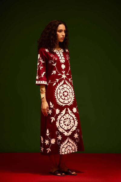 Burgundy Wine Cotton Maxi Dress With Ivory Wave Thread Embroidery