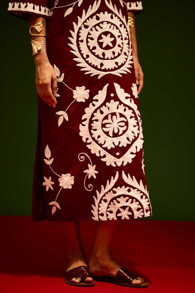 Burgundy Wine Cotton Maxi Dress With Ivory Wave Thread Embroidery