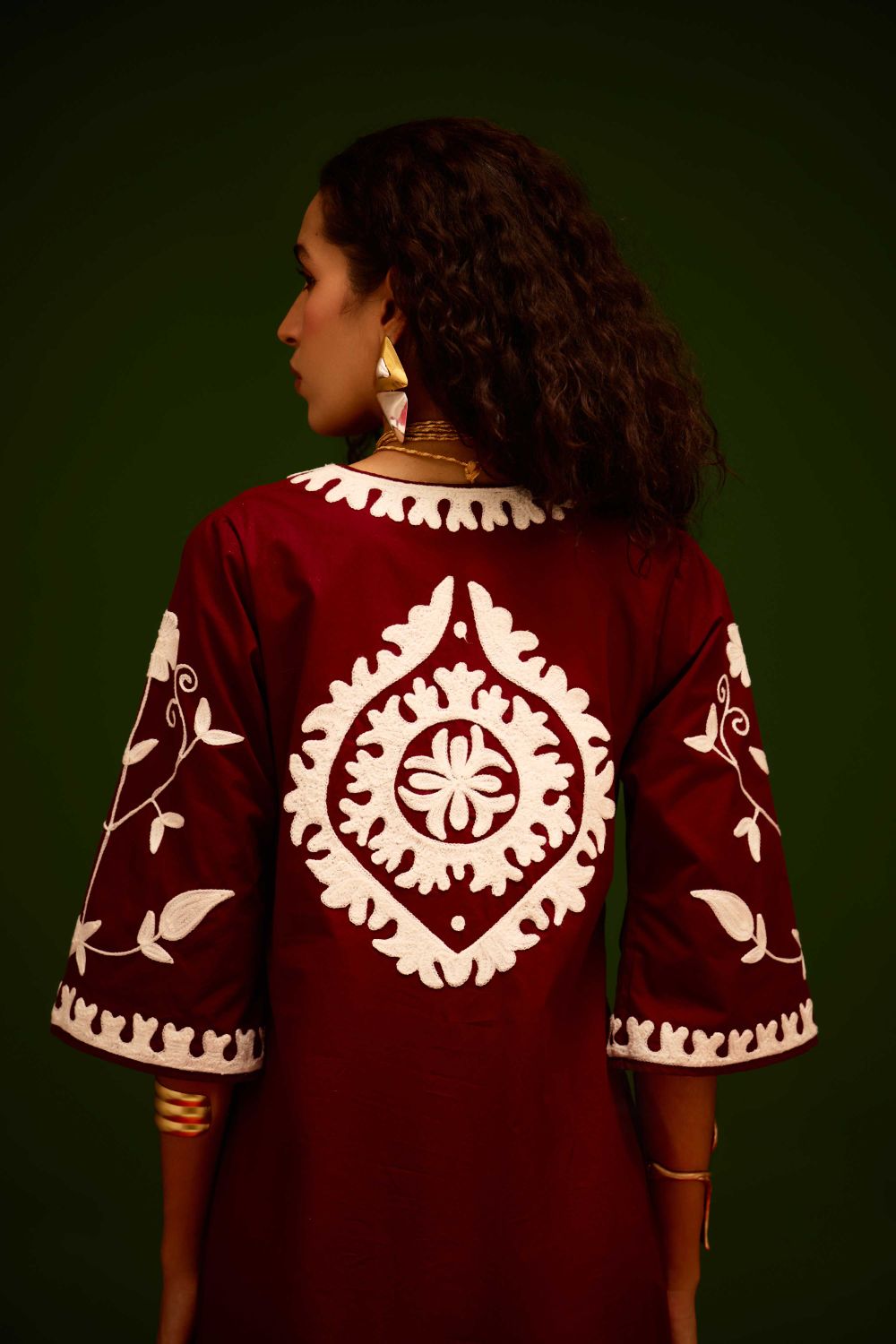 Burgundy Wine Cotton Maxi Dress With Ivory Wave Thread Embroidery