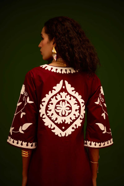 Burgundy Wine Cotton Maxi Dress With Ivory Wave Thread Embroidery
