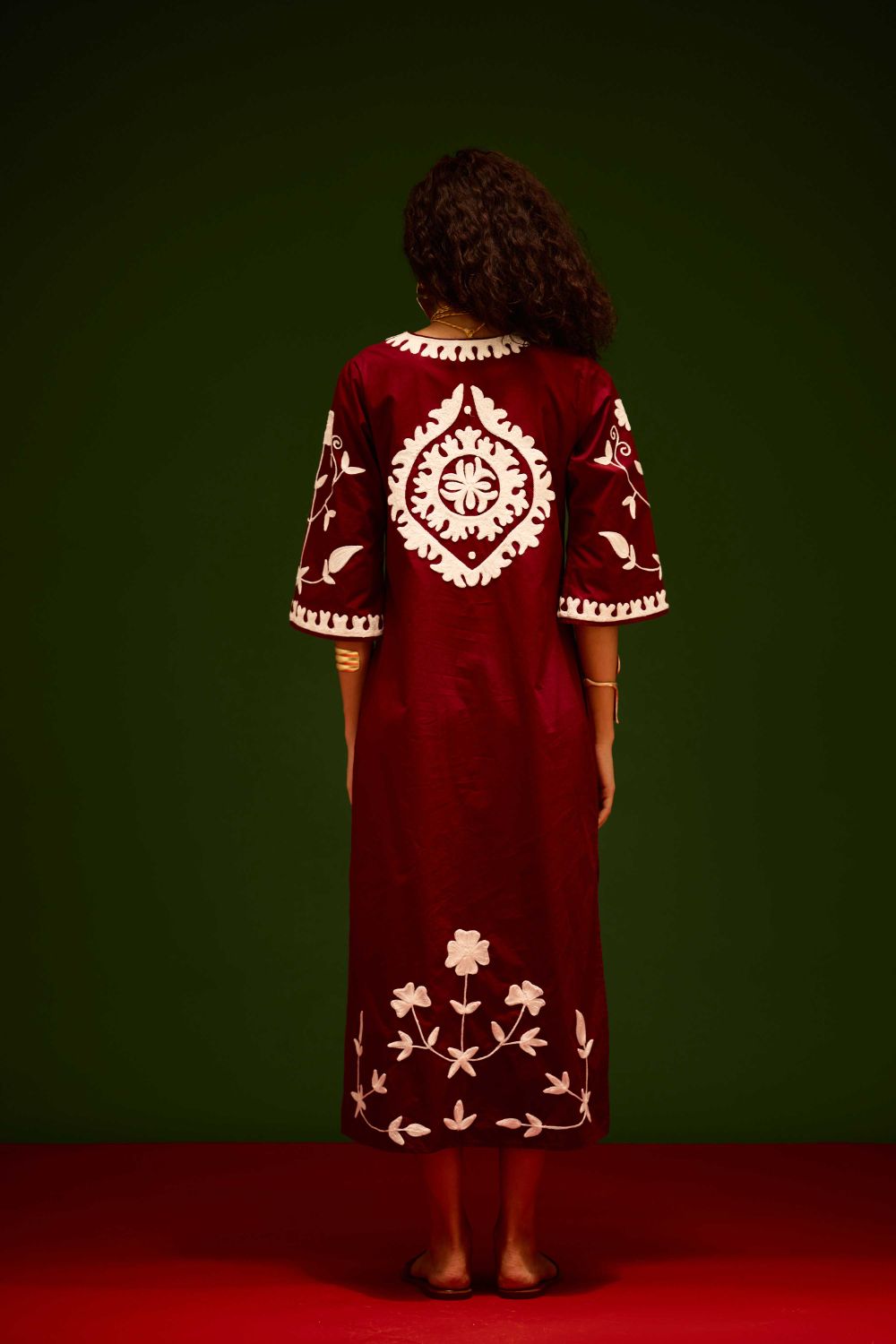 Burgundy Wine Cotton Maxi Dress With Ivory Wave Thread Embroidery