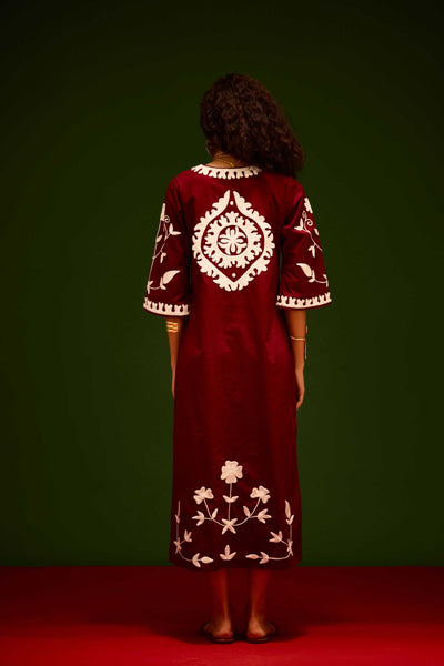 Burgundy Wine Cotton Maxi Dress With Ivory Wave Thread Embroidery