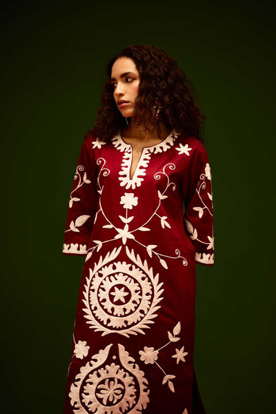 Burgundy Wine Cotton Maxi Dress With Ivory Wave Thread Embroidery