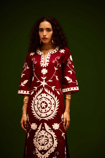Burgundy Wine Cotton Maxi Dress With Ivory Wave Thread Embroidery
