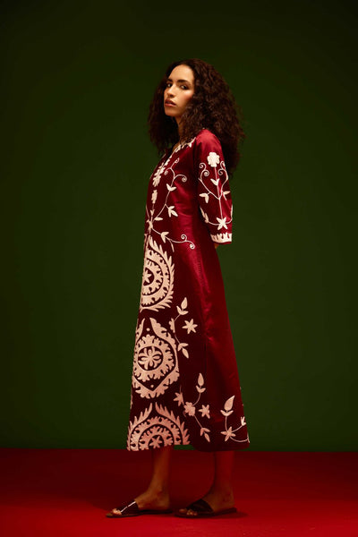 Burgundy Wine Cotton Maxi Dress With Ivory Wave Thread Embroidery