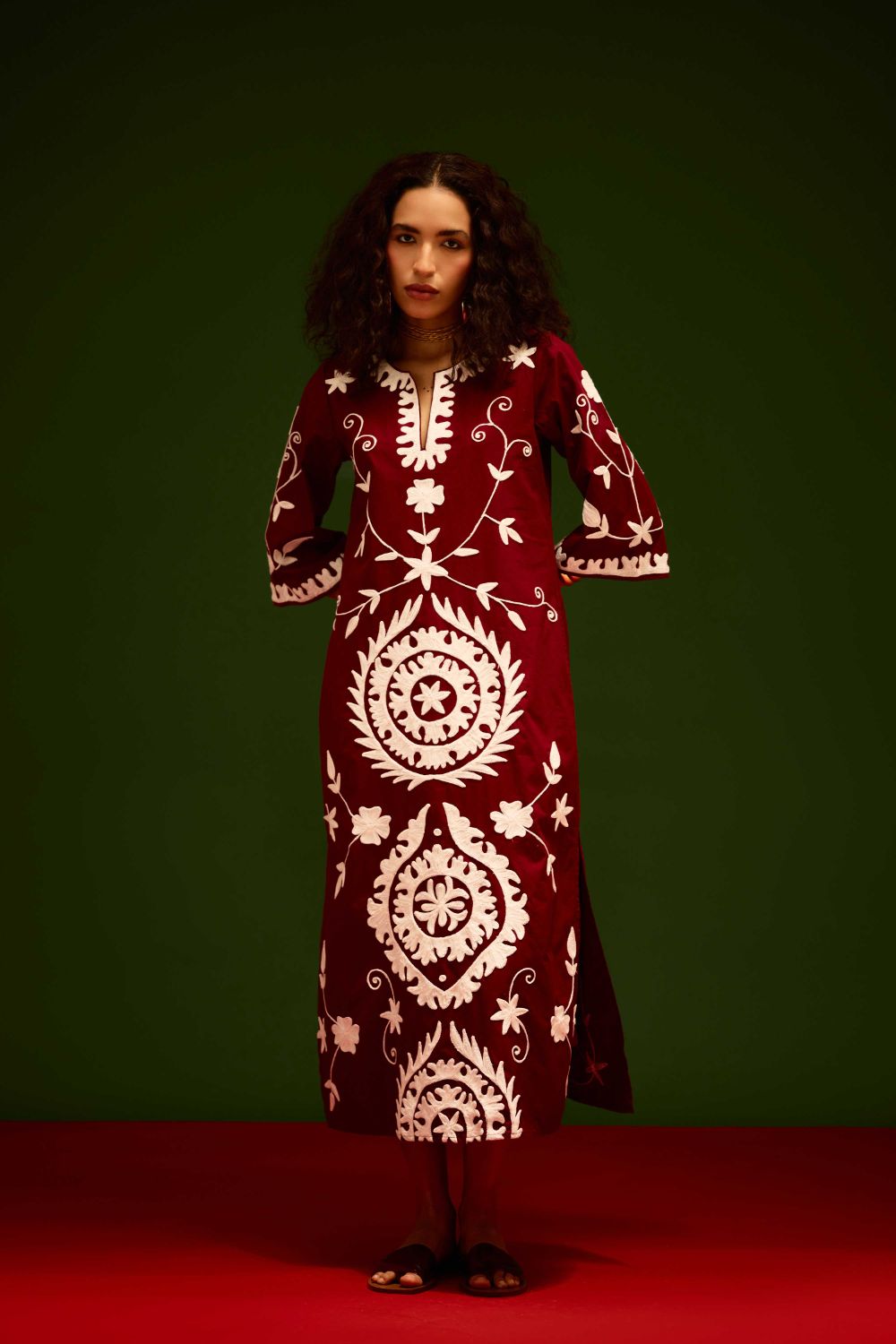 Burgundy Wine Cotton Maxi Dress With Ivory Wave Thread Embroidery