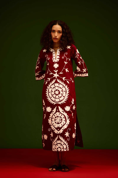 Burgundy Wine Cotton Maxi Dress With Ivory Wave Thread Embroidery