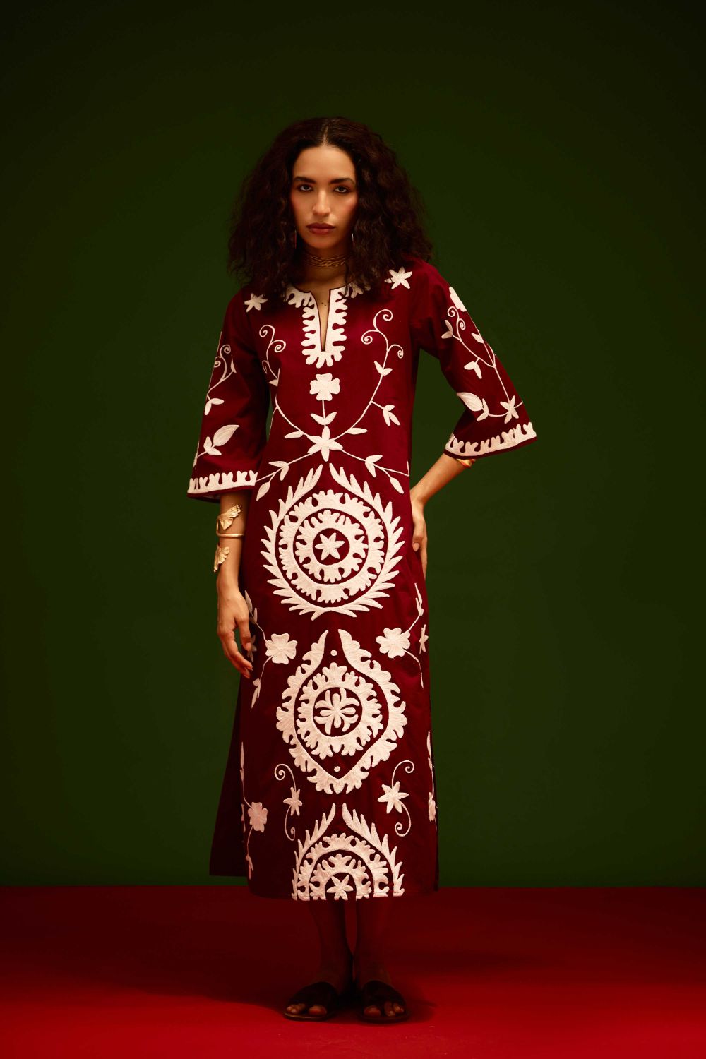 Burgundy Wine Cotton Maxi Dress With Ivory Wave Thread Embroidery