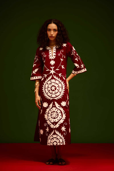 Burgundy Wine Cotton Maxi Dress With Ivory Wave Thread Embroidery