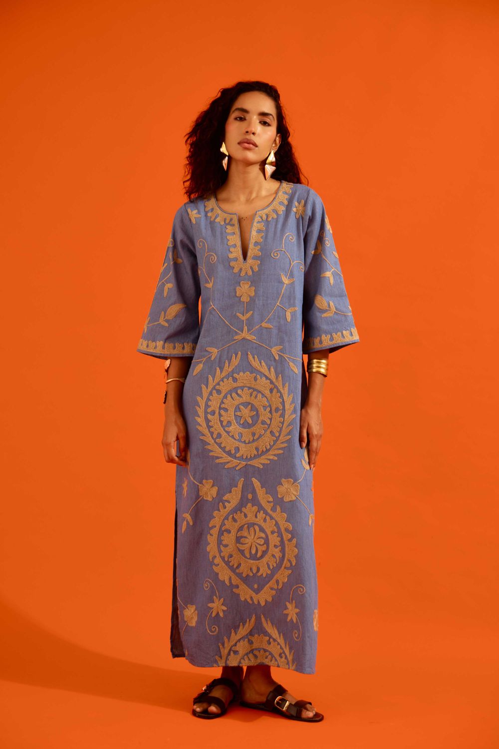 Denim Blue Cotton Maxi Dress With Natural Wave Thread Embroidery
