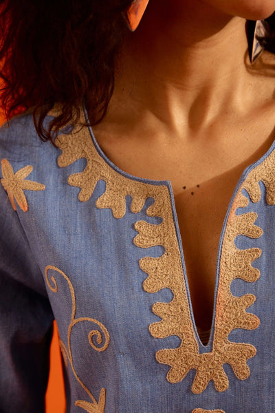 Denim Blue Cotton Maxi Dress With Natural Wave Thread Embroidery