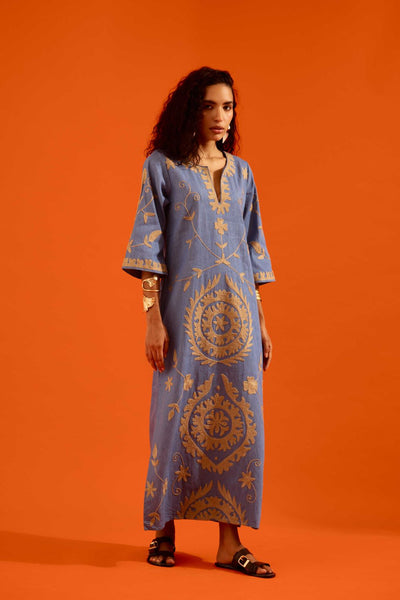Denim Blue Cotton Maxi Dress With Natural Wave Thread Embroidery