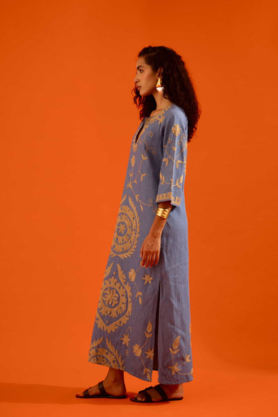 Denim Blue Cotton Maxi Dress With Natural Wave Thread Embroidery