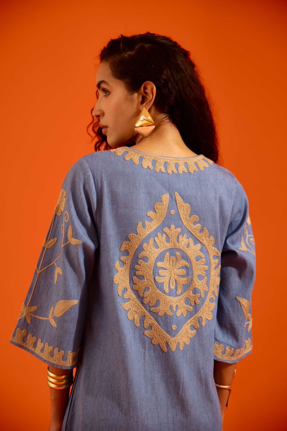 Denim Blue Cotton Maxi Dress With Natural Wave Thread Embroidery