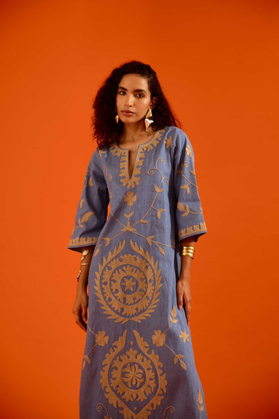 Denim Blue Cotton Maxi Dress With Natural Wave Thread Embroidery