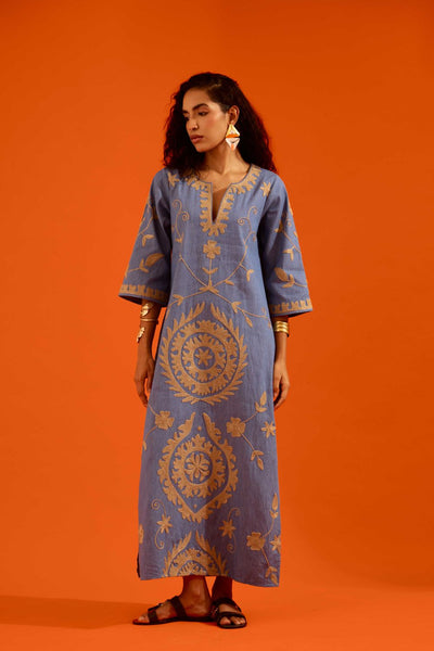 Denim Blue Cotton Maxi Dress With Natural Wave Thread Embroidery