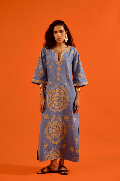Denim Blue Cotton Maxi Dress With Natural Wave Thread Embroidery