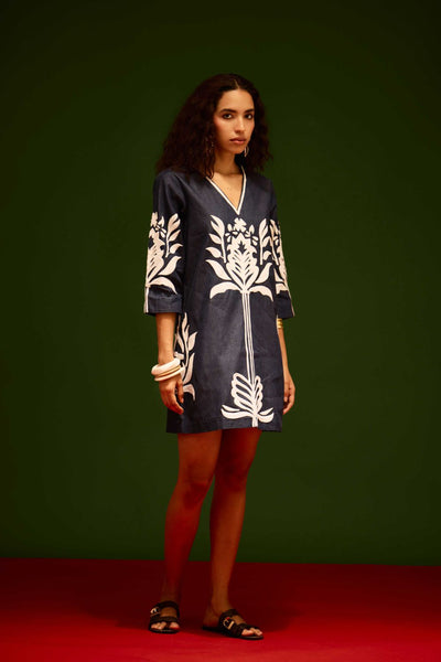 Blue Denim Shift Dress With Ivory Tulip Thread Embroidery