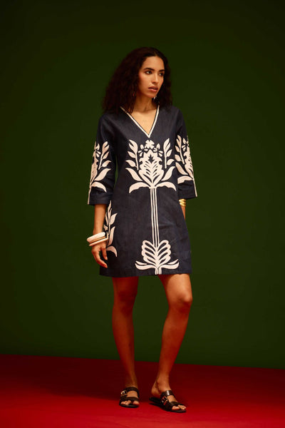 Blue Denim Shift Dress With Ivory Tulip Thread Embroidery