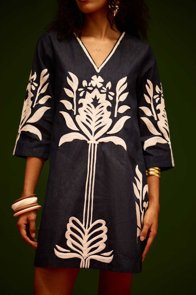 Blue Denim Shift Dress With Ivory Tulip Thread Embroidery