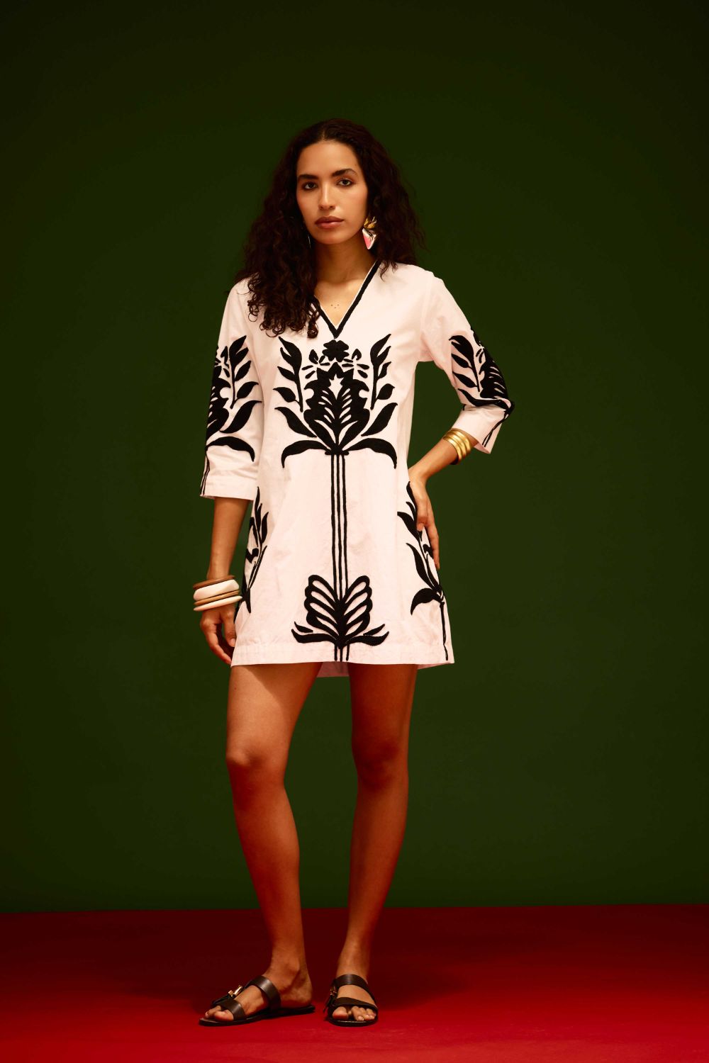 Ivory Cotton Shift Dress With Black Tulip Thread Embroidery