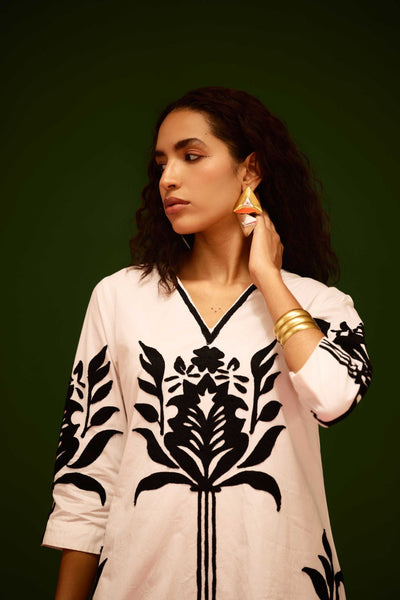 Ivory Cotton Shift Dress With Black Tulip Thread Embroidery