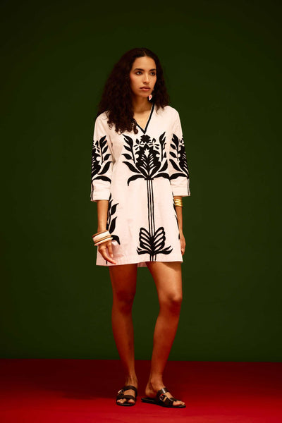 Ivory Cotton Shift Dress With Black Tulip Thread Embroidery