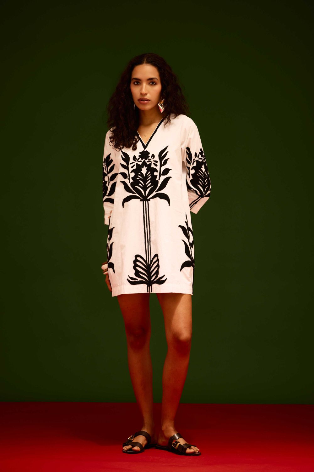 Ivory Cotton Shift Dress With Black Tulip Thread Embroidery