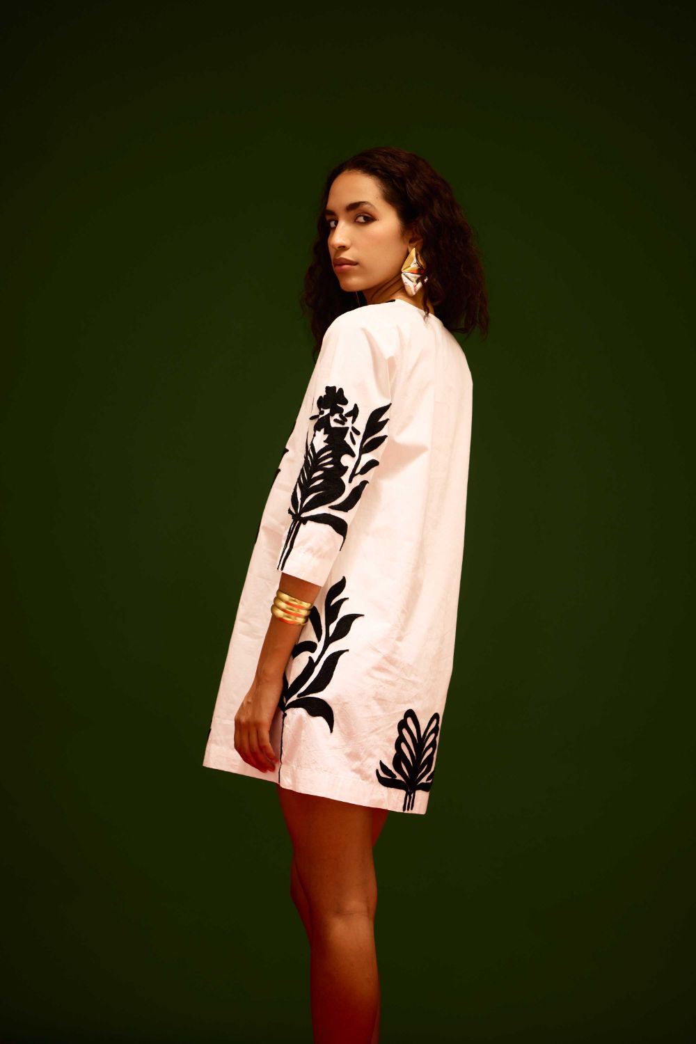 Ivory Cotton Shift Dress With Black Tulip Thread Embroidery
