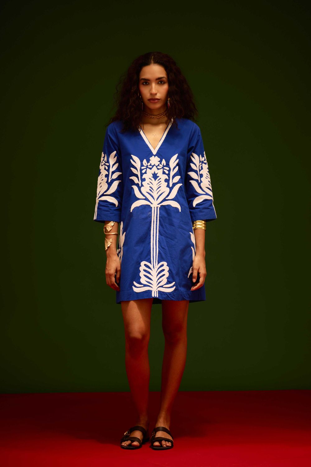 Blue Cotton Shift Dress With Ivory Tulip Thread Embroidery