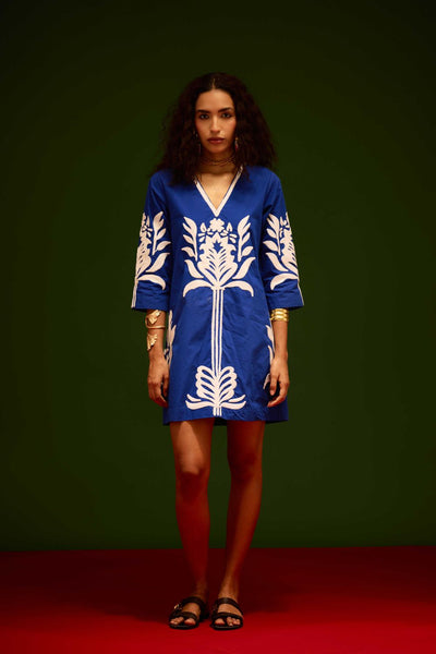 Blue Cotton Shift Dress With Ivory Tulip Thread Embroidery