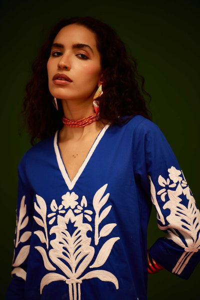 Blue Cotton Shift Dress With Ivory Tulip Thread Embroidery