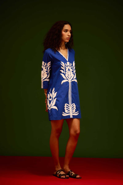 Blue Cotton Shift Dress With Ivory Tulip Thread Embroidery