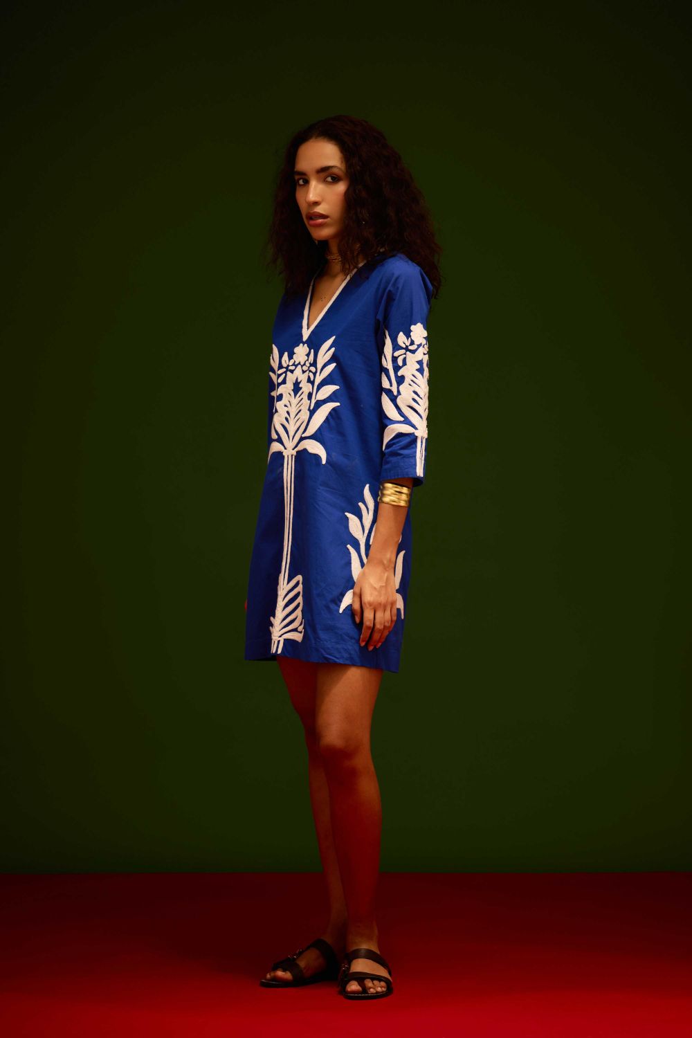 Blue Cotton Shift Dress With Ivory Tulip Thread Embroidery