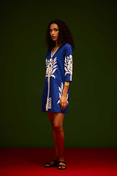 Blue Cotton Shift Dress With Ivory Tulip Thread Embroidery