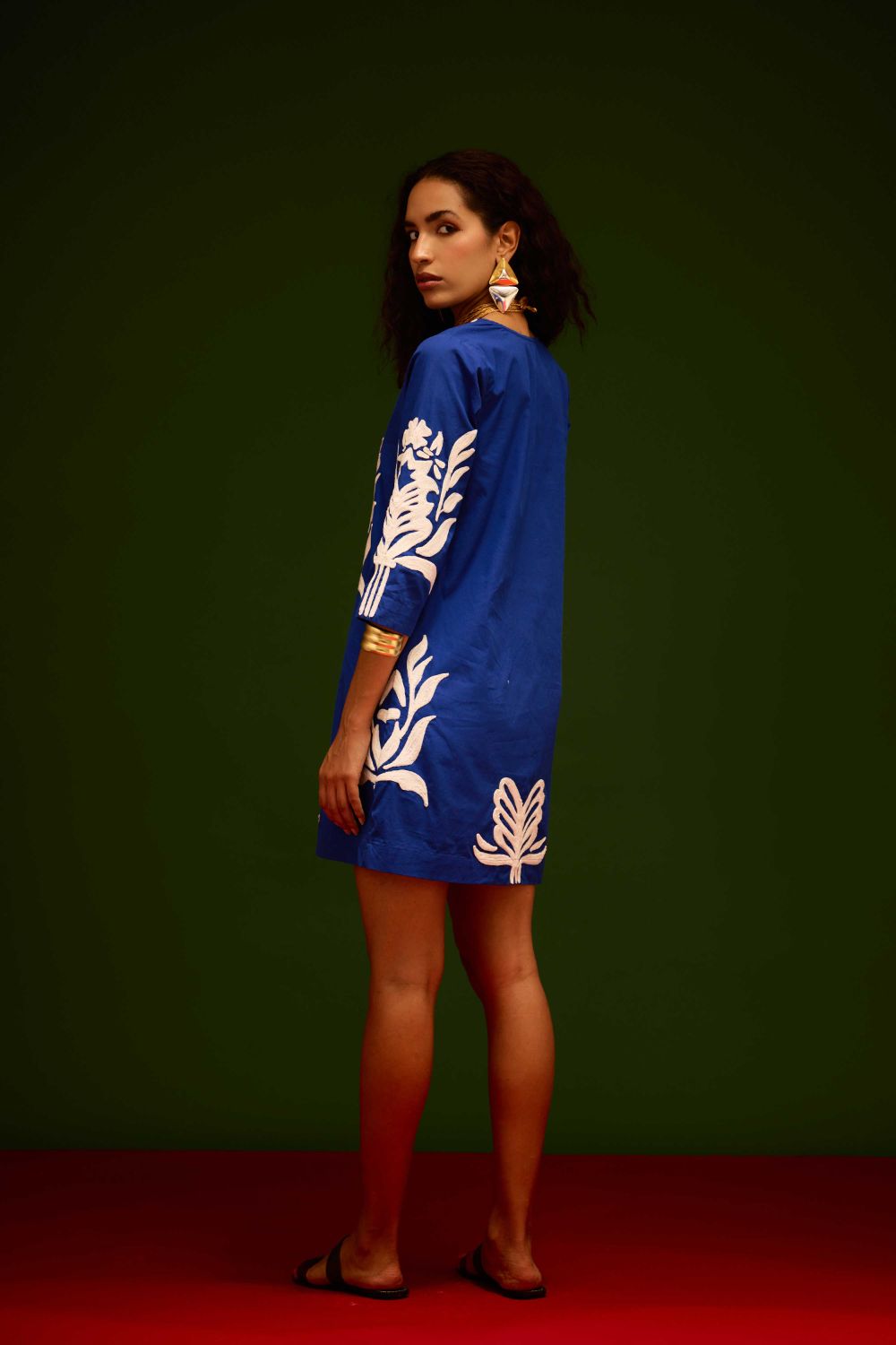 Blue Cotton Shift Dress With Ivory Tulip Thread Embroidery