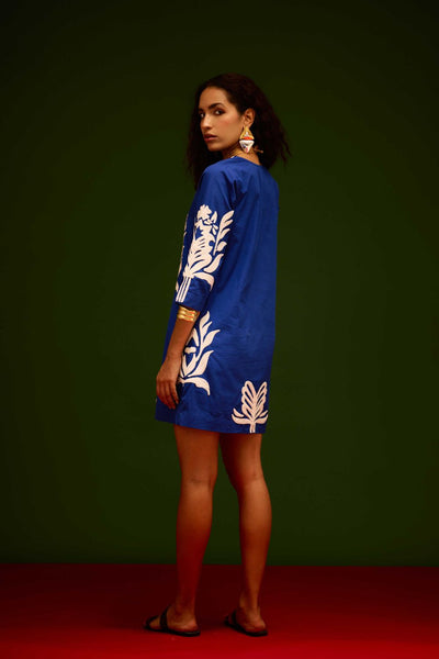 Blue Cotton Shift Dress With Ivory Tulip Thread Embroidery