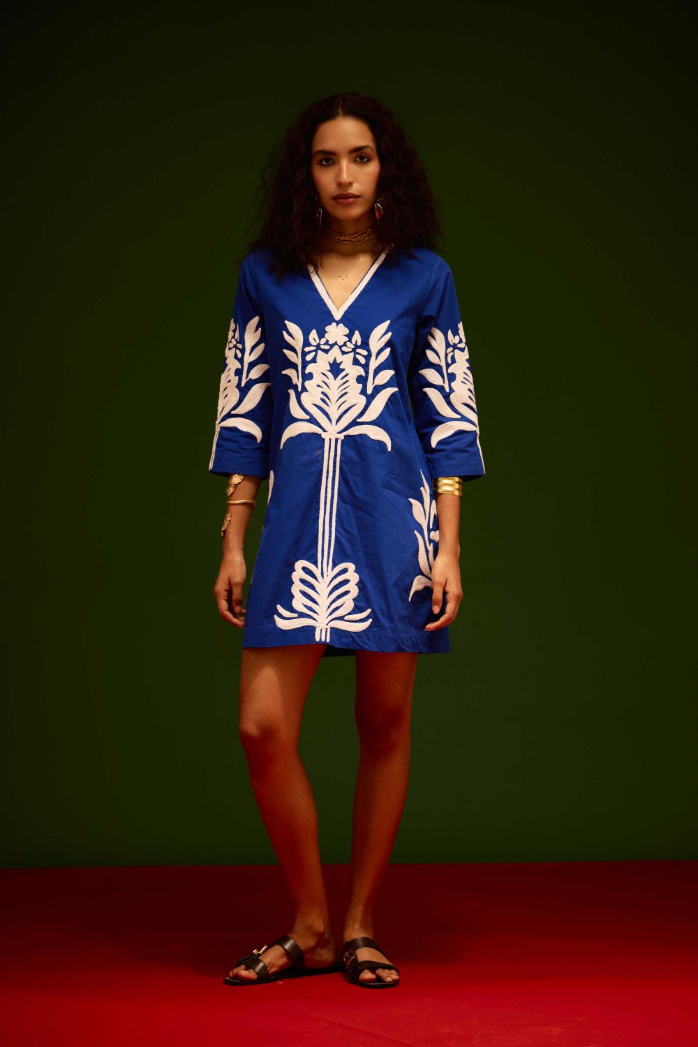 Blue Cotton Shift Dress With Ivory Tulip Thread Embroidery