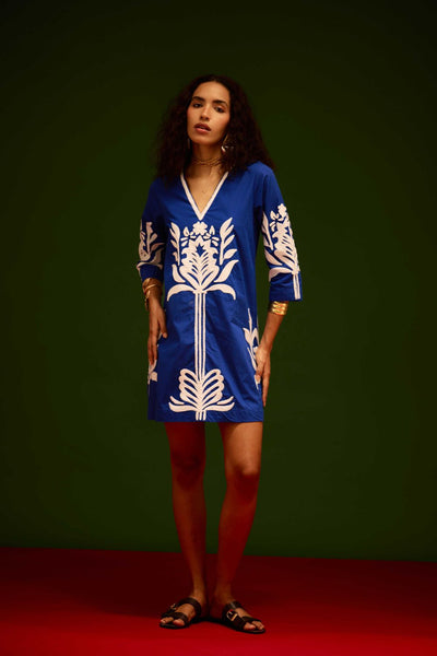 Blue Cotton Shift Dress With Ivory Tulip Thread Embroidery