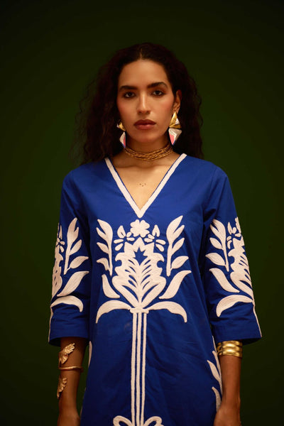 Blue Cotton Shift Dress With Ivory Tulip Thread Embroidery