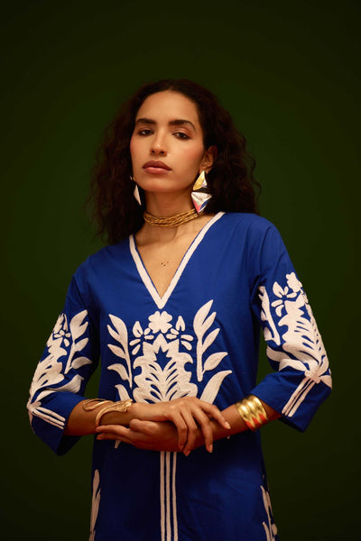 Blue Cotton Shift Dress With Ivory Tulip Thread Embroidery