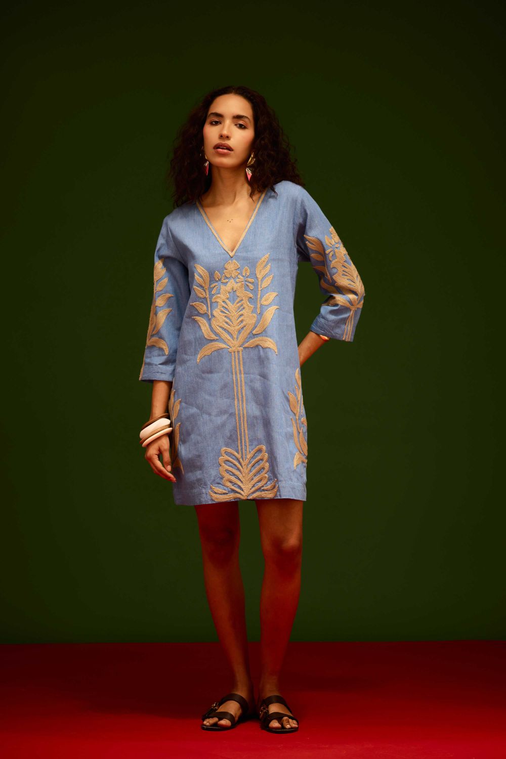 Denim Blue  Cotton Shift Dress With Natural Tulip Thread Embroidery