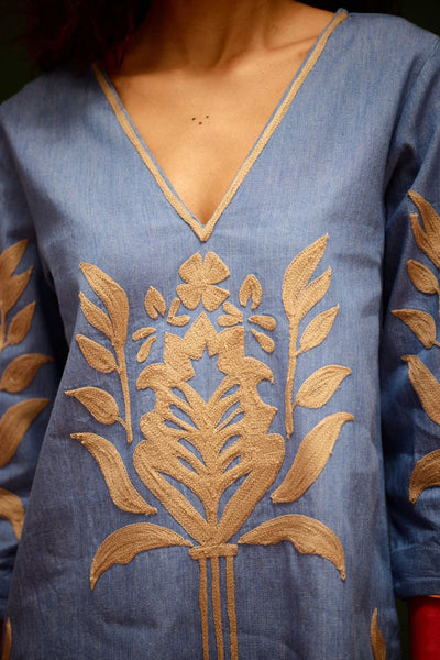 Denim Blue  Cotton Shift Dress With Natural Tulip Thread Embroidery