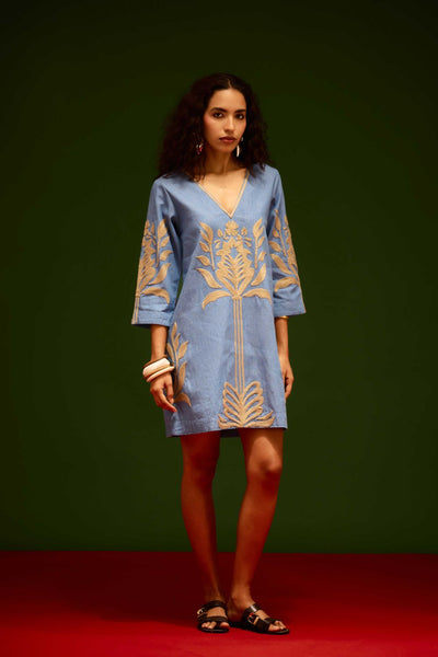 Denim Blue  Cotton Shift Dress With Natural Tulip Thread Embroidery