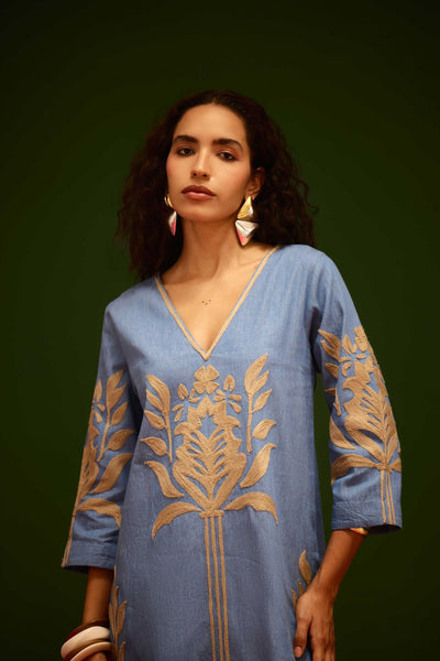 Denim Blue  Cotton Shift Dress With Natural Tulip Thread Embroidery