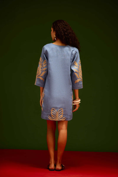 Denim Blue  Cotton Shift Dress With Natural Tulip Thread Embroidery