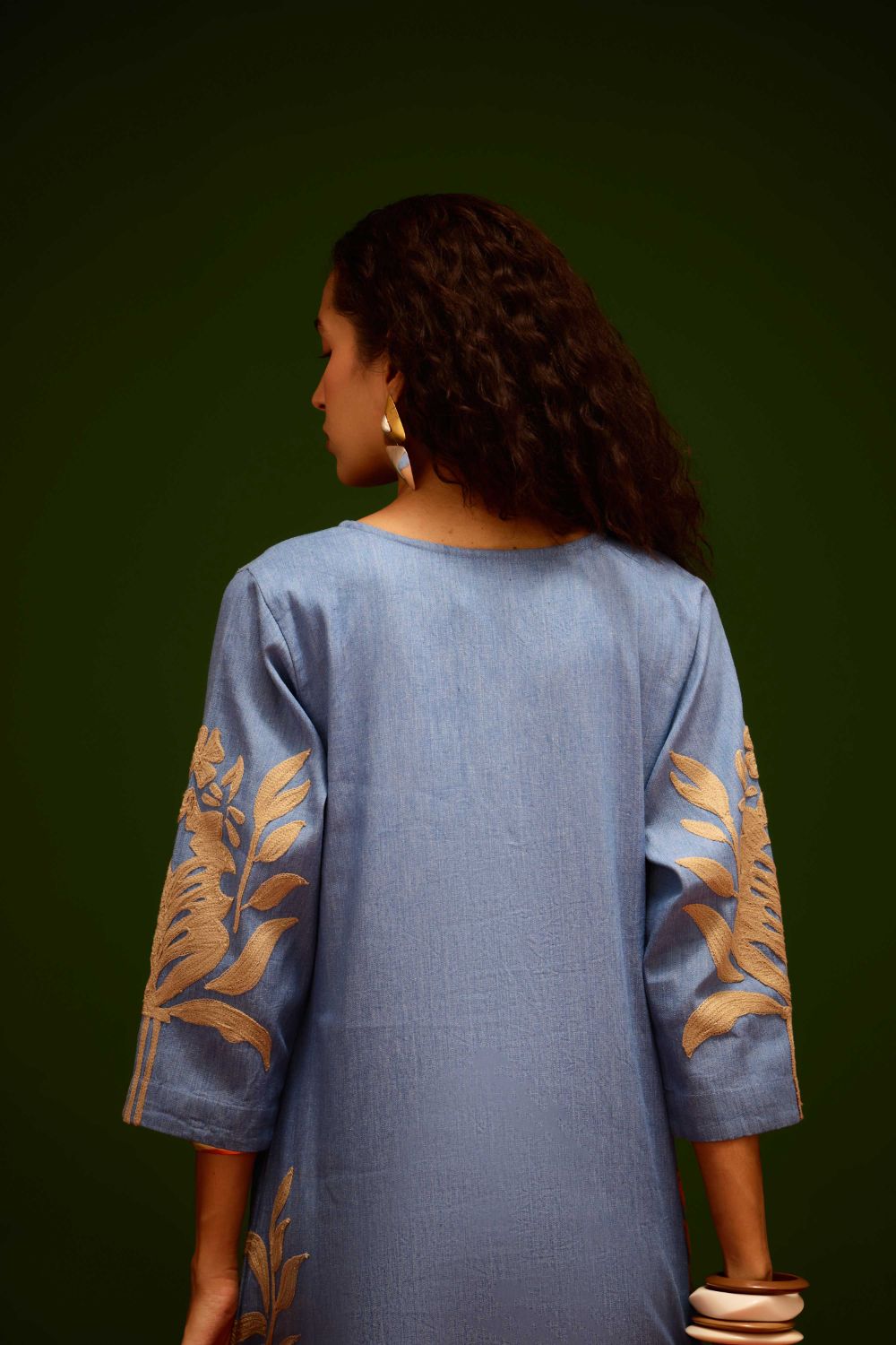 Denim Blue  Cotton Shift Dress With Natural Tulip Thread Embroidery