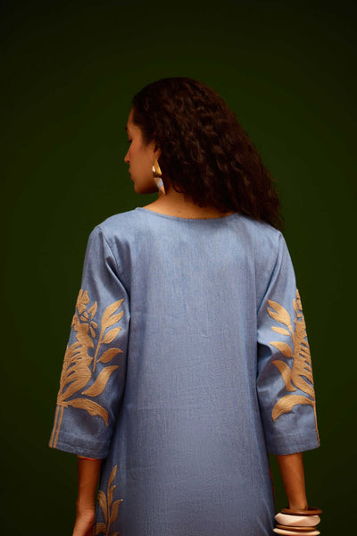 Denim Blue  Cotton Shift Dress With Natural Tulip Thread Embroidery