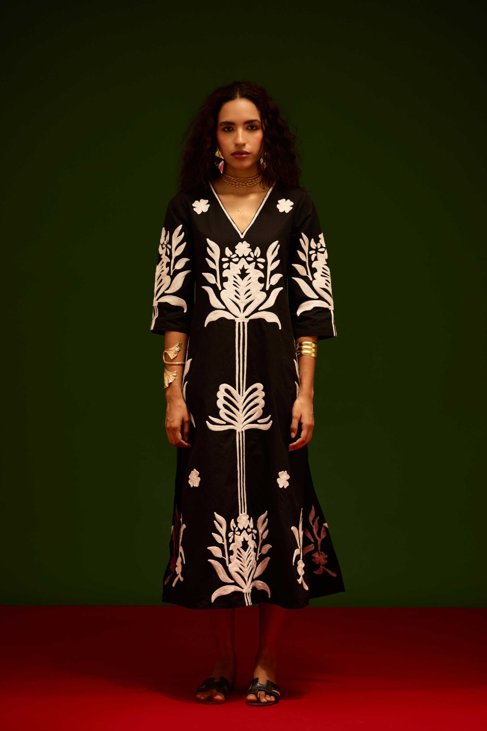 Black Cotton Maxi Dress With Ivory Tulip Thread Embroidery